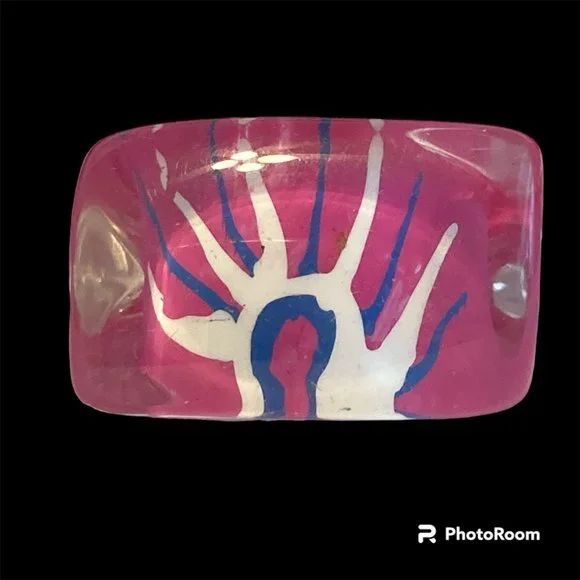 Vintage Lucite Acrylic Ring Size 6 Retro Abstract Hand Painted Pink Blue White - Picture 4 of 12